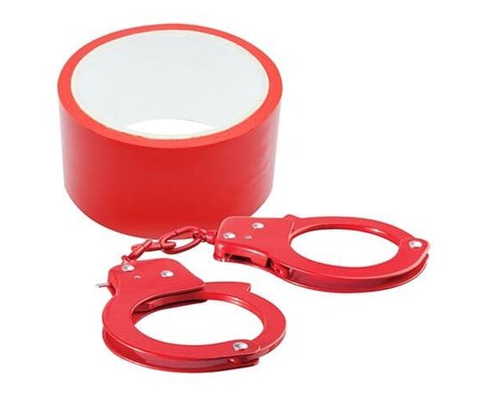Набор для фиксации Bondx Metal Cuffs And Ribbon: наручники из листового материала и липкая лента, Цвет: красный, фото 