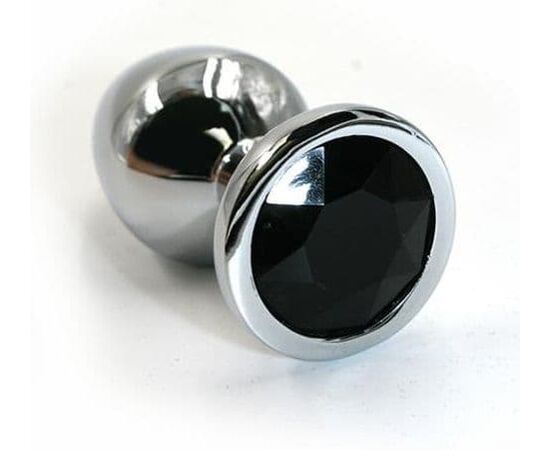 Серебристая алюминиевая анальная пробка с чёрным кристаллом - 6 см., фото 