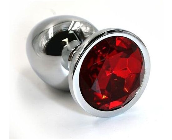 Серебристая алюминиевая анальная пробка с красным кристаллом - 7 см., фото 