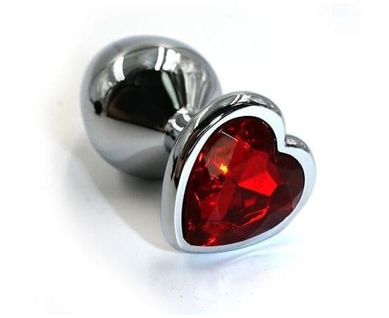 Серебристая анальная пробка с красным кристаллом-сердцем - 7 см., фото 
