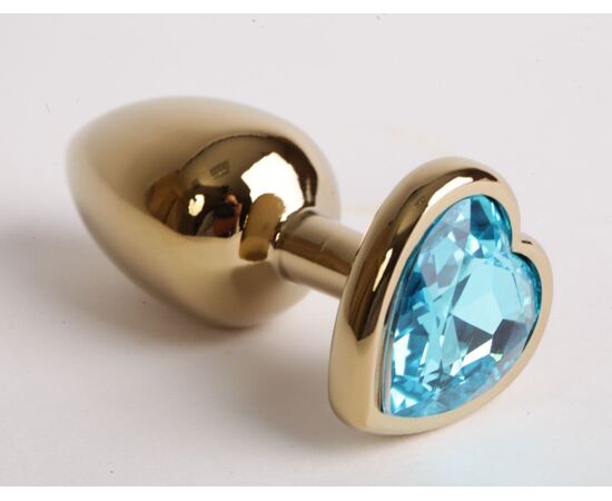 Золотистая анальная пробка с голубым кристаллом-сердцем - 9 см., фото 