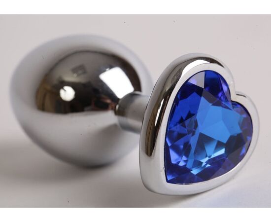 Серебристая анальная пробка с синим кристаллом-сердцем - 9 см., фото 