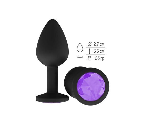 Чёрная анальная втулка с фиолетовым кристаллом - 7,3 см., фото 