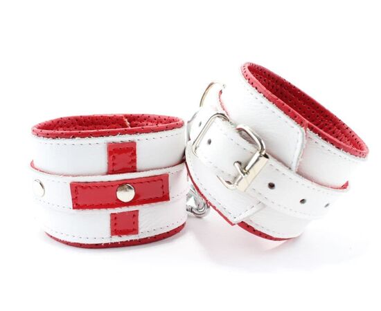 Бело-красные кожаные наручники для медсестры, фото 