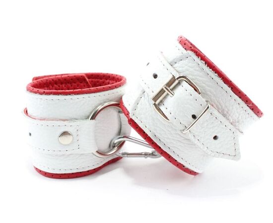 Бело-красные кожаные наручники с кольцом, фото 