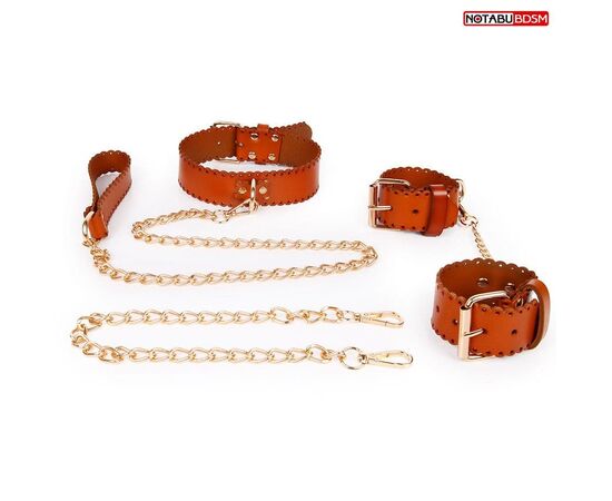 Изысканный кожаный набор с золотистыми цепочками: наручники, ошейник с поводком, фото 