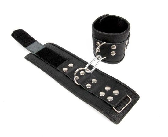 Черные кожаные наручники с заклепками с фиксацией липучками, фото 
