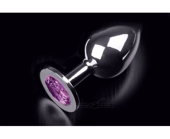 Большая серебристая анальная пробка с круглым кончиком и ярким фиолетовым кристаллом - 9 см., фото 