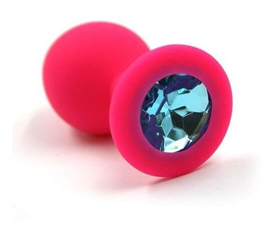 Розовая силиконовая анальная пробка с голубым кристаллом - 7 см., фото 