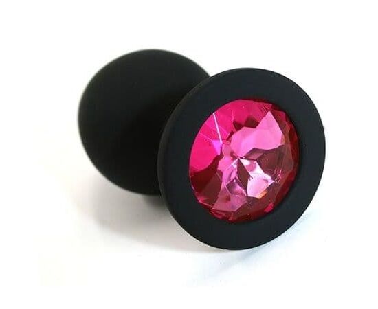 Чёрная силиконовая анальная пробка с ярко-розовым кристаллом - 7 см., фото 
