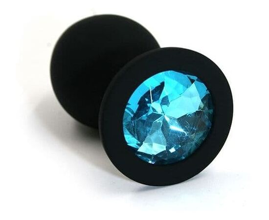 Чёрная силиконовая анальная пробка с голубым кристаллом - 7 см., фото 