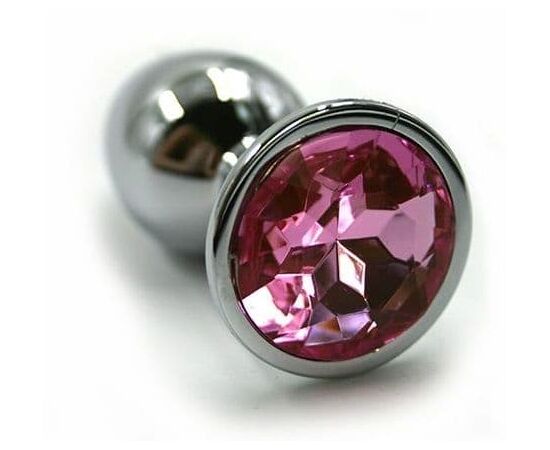 Серебристая алюминиевая анальная пробка с светло-розовым кристаллом - 7 см., фото 