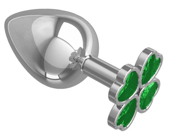 Серебристая анальная пробка-клевер с зеленым кристаллом - 9,5 см., фото 