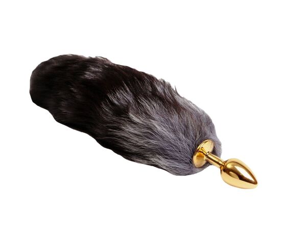 Золотистая анальная пробка с чёрным лисьим хвостом, фото 