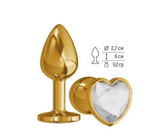 Золотистая анальная втулка с прозрачным кристаллом-сердцем - 7 см., фото 