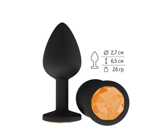 Чёрная анальная втулка с оранжевым кристаллом - 7,3 см., фото 