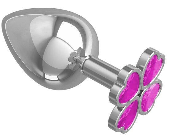 Серебристая анальная пробка-клевер с розовым кристаллом - 9,5 см., фото 