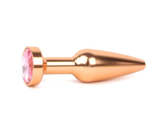 Удлиненная коническая гладкая золотистая анальная втулка с розовым кристаллом - 11,3 см., фото 