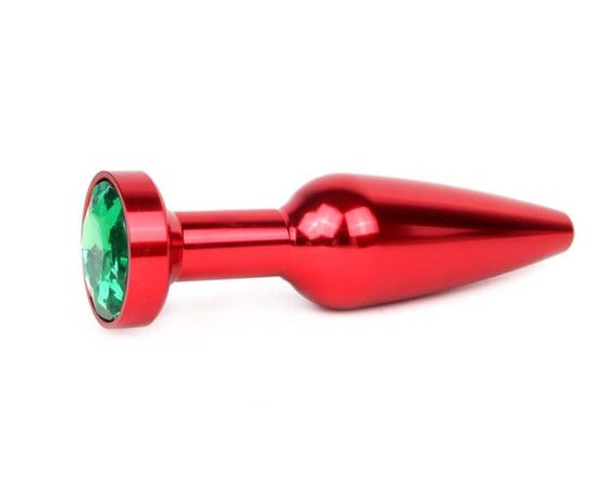 Удлиненная коническая гладкая красная анальная втулка с зеленым кристаллом - 11,3 см., фото 