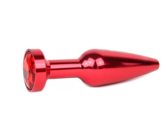 Удлиненная коническая гладкая красная анальная втулка с красным кристаллом - 11,3 см., фото 