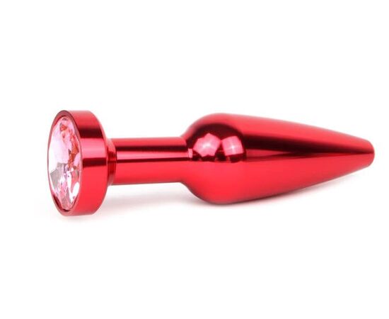 Удлиненная коническая гладкая красная анальная втулка с розовым кристаллом - 11,3 см., фото 