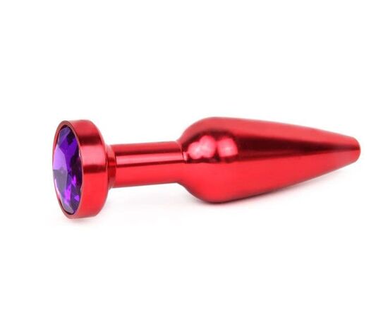 Удлиненная коническая гладкая красная анальная втулка с кристаллом фиолетового цвета - 11,3 см., фото 