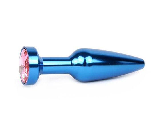 Удлиненная коническая гладкая синяя анальная втулка с розовым кристаллом - 11,3 см., фото 