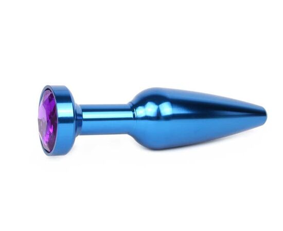 Удлиненная коническая гладкая синяя анальная втулка с кристаллом фиолетового цвета - 11,3 см., фото 