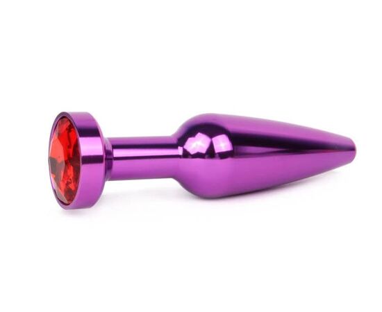 Удлиненная коническая гладкая фиолетовая анальная втулка с красным кристаллом - 11,3 см., фото 