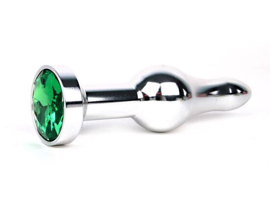 Удлиненная шарикообразная серебристая анальная втулка с зеленым кристаллом - 10,3 см., фото 
