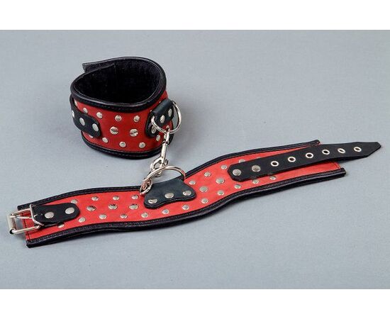 Фигурные красно-чёрные наручники с клёпками, фото 