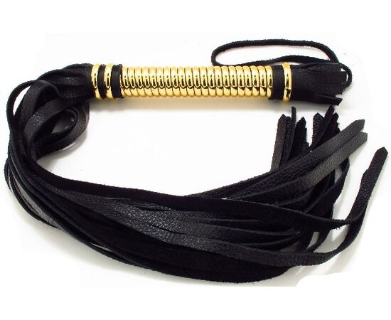 Чёрная кожаная плетка с золотистой рукоятью - 50 см., фото 