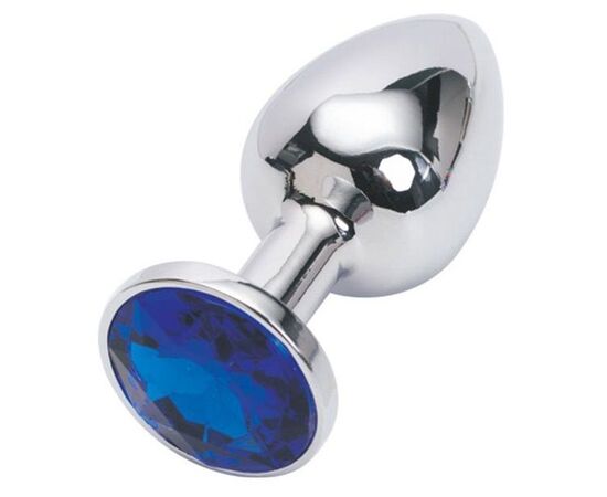 Серебряная металлическая анальная пробка с синим стразиком - 7,6 см., фото 