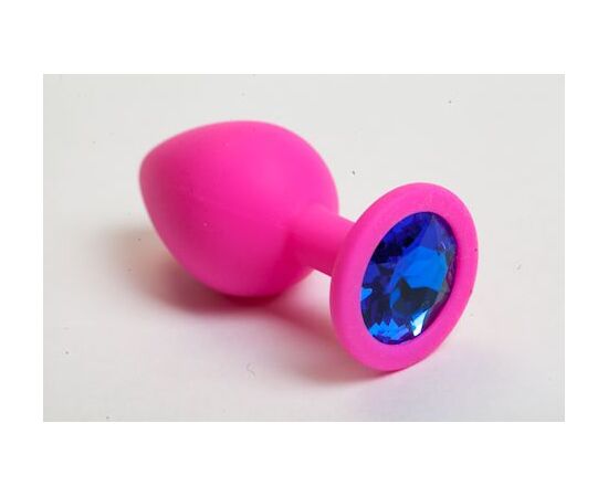 Розовая силиконовая анальная пробка с синим стразом - 8,2 см., фото 