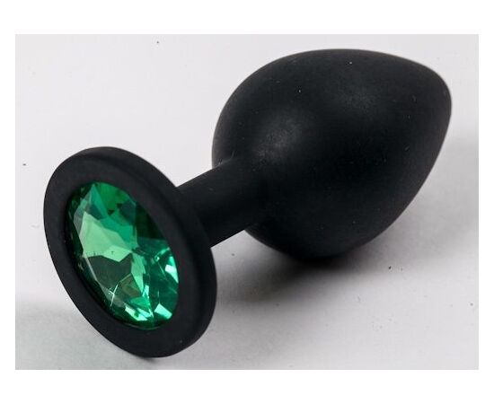 Черная силиконовая анальная пробка с зеленым стразом - 8,2 см., фото 