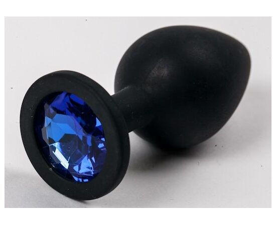 Черная силиконовая анальная пробка с синим стразом - 8,2 см., фото 