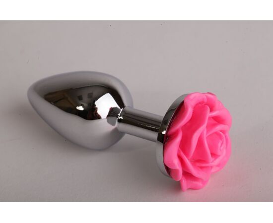 Серебристая анальная пробка с розовой розочкой - 7,6 см., фото 