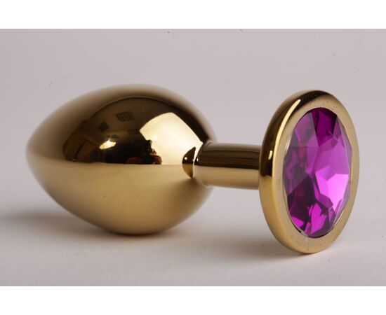 Золотистая анальная пробка с фиолетовым кристаллом - 9,5 см., фото 