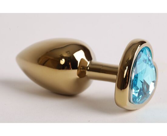 Золотистая анальная пробка с голубым стразиком-сердечком - 7,5 см., фото 