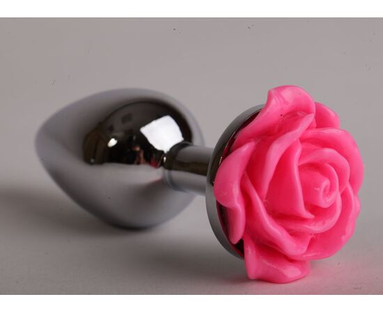 Серебристая анальная пробка с розовой розочкой - 8 см., фото 