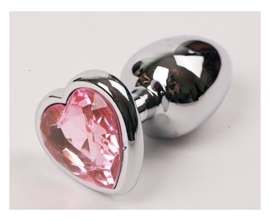 Серебристая анальная пробка с розовым стразиком-сердечком - 8 см., фото 