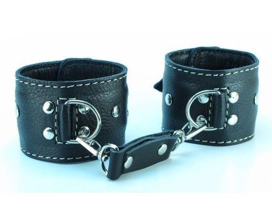 Чёрные кожаные наручники с крупной строчкой, фото 