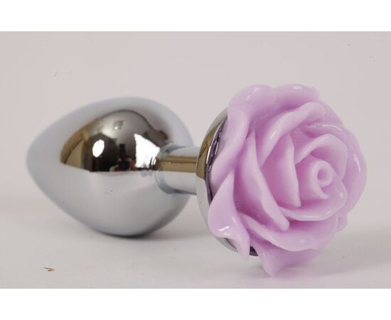 Серебристая анальная пробка с сиреневой розой - 9,5 см., фото 