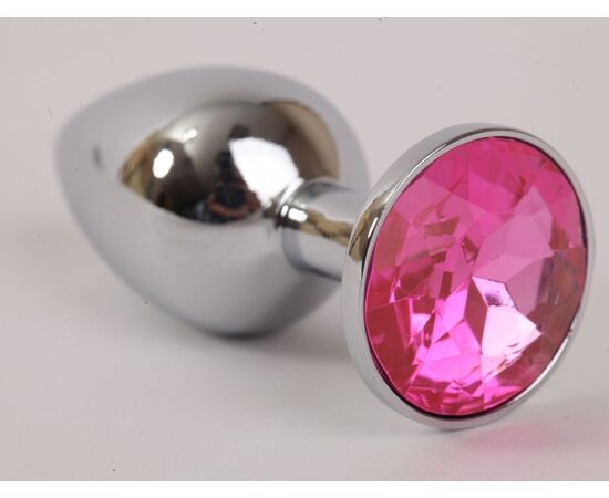 Серебряная металлическая анальная пробка с розовым стразиком - 8,2 см., фото 