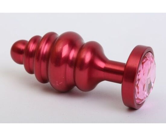 Красная ребристая анальная пробка с розовым стразом - 7,3 см., фото 