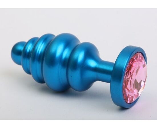Синяя ребристая анальная пробка с розовым кристаллом - 7,3 см., фото 