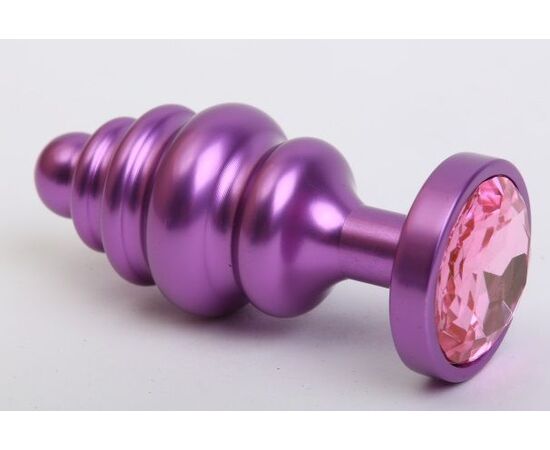 Фиолетовая ребристая анальная пробка с розовым кристаллом - 7,3 см., фото 