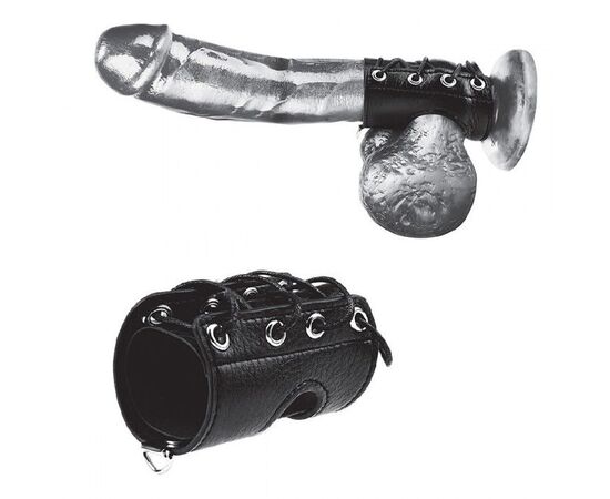Чёрная утяжка на пенис со шнуровкой 100% PVC STRAP WITH METAL SNAP, фото 
